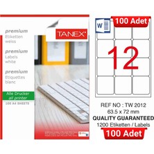 Tanex TW-2012 63,5X72 mm Inkjet / Laser A4 Etiket Yetkili Satıcı (100 Adet)