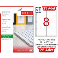 Tanex TW-2008 99,1X67,7 mm Inkjet / Laser A4 Etiket (25 Adet)