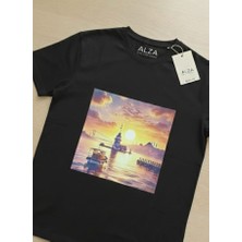 Alza Design Istanbul Kız Kulesi Fotoğraf Baskılı Siyah Tişört - Unisex Tasarım