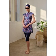 Starinci Mayo Yarı Kapalı Mayo Likralı Mendil Kol Fulya Tesettür Mor Yaprak Desenli