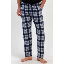 Vienetta Erkek Büyük Beden Kareli Rahat Kalıp %100 Pamuk Mavi Tek Alt Pijama Altı C8T7N1305