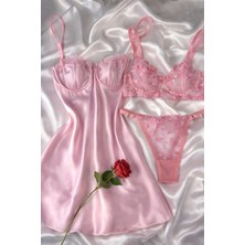 Hama Love Kadın Pembe Kalpli Saten Gecelik İç Çamaşır Takımı