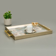 Evidea Kitchen Kuş ve Çiçek Desenli Tepsi - Yeşil / Altın Sarısı - 49 cm