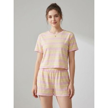 Merlot Pembe Sarı Çizgili T-Shirt Şort Örme Şortlu Takım
