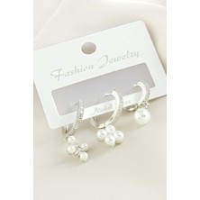 Marsilyan 3 Adet Çiçek Inci Zirkon Taşlı Küpe