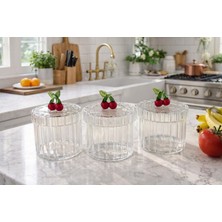 Morponi 3'lü Borosilikat Cam Çok Amaçlı Optik Çizgili Kavanoz Seti Kiraz Detaylı 400 ml