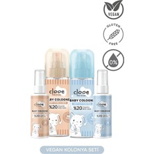 Clooe Vegan Organik Aloe Veralı Hassas Cilt Uyumlu Taze Pamuksu ve Sütlü Vanilya Kokulu Yapışkan His Bırakmayan Yatıştırıcı Bebek Kolonyası Karma 4'lü Set