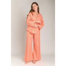 Lovely Things Suzıe Poplin Çizgili 3/4 Kol Gömlek Pijama Üstü - Turuncu