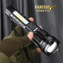 farissu 2500 Lümen Şarjlı Taktik LED El Feneri – 7 Modlu, Zoom Özellikli, Cob Yan Işıklı + Özel Kılıf Hediyeli