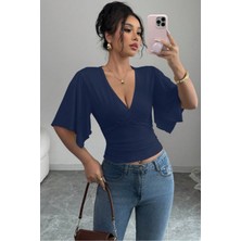 Tarz Cool Kadın Kruvaze Yaka Yarasa Kol Likralı Şık T-Shirt