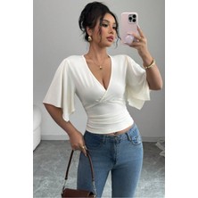 Tarz Cool Kadın Kruvaze Yaka Yarasa Kol Likralı Şık T-Shirt