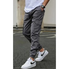 Vikunya Erkek Jogger Gri Pamuklu Likralı Cargo Beli ve Paçası Lastikli Kargo Cepli Pantolon