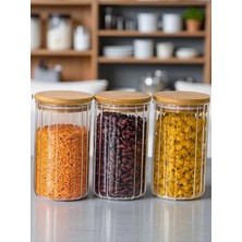 Denia Home | Borelia | 3'lü Bambu Kapaklı Büyük Boy Çizgili Baharat- Kavanoz Takımı 1000 Ml.