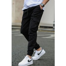 Vikunya Erkek Siyah Kaliteli Lastikli Paça Beli Lastikli Ayarlanabilir Rahat Kesim Pamuk ve Likralı Kargo Pantolon