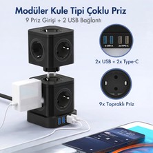 Smayling Kule Tipi Çoklu Priz 3680W | 9’lu Topraklı Priz + 2 USB + 2 Type-C | Masaüstü Dikey Akım Korumalı Priz