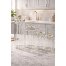 Morponi 4'lü Borosilikat Cam Optik Çizgili Kristal Gold Kapaklı Kavanoz Seti 630 -800-1100-1500 ml