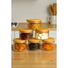 Denia Home | Borelia | 6'lı Çizgili Cam Kahvaltılık Seti Saklama Kabı - Sızdırmaz Silikonlu Bambu Kapak