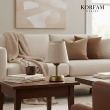 KorFam Bej Keten Kumaş Başlıklı Pilli Masa & Gece Lambası