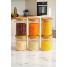 Denia Home | Borelia | 6'lı Bambu Kapaklı Çizgili Baharat- Kavanoz Takımı 850 Ml.
