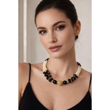 Solare Accessories Premium Seri Gold Siyah Inci Kolye