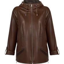 Derimod Selia Kadın Kahverengi Kapüşonlu Deri Kaban 26SGD5676U4