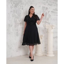 ModaSehle Kadın Büyük Beden Kruvaze Yaka Pul Detaylı Şifon Kısa Kollu Midi Abiye Elbise