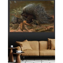 Mushen Studio Kirpi Ailesi Orman Manzarası Kanvas Tablo Büyük Boy Vintage Yağlıboya Tarzı Hayvan Resmi