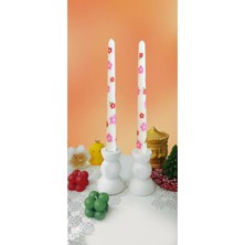 Verda Desing El Emeği Boyalı Pembe&kırmızı Çiçek Desenli Dekoratif Şamdan Mumu 2 Li Set