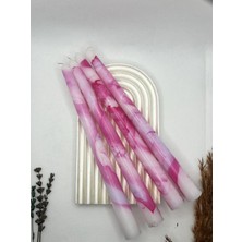 Verda Desing Dekoratif Özel Tasarım Pembe Ebru ve Mermer Desenli Şamdan Mumu 4 Lü Set