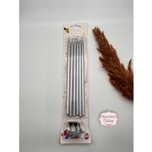 Verda Desing Metalik Gümüş Silver Uzun Çubuk Pasta Mumu 20 cm 6 Lı Set