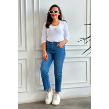 Yan Kısmı Şerit Taş Detaylı Likralı Mom Jean