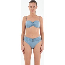 Louren Kadın Siyah/mavi Düz Kumaş  Boncuklu Çıkarılabilir Askılı Sabit Kaplı Balenli Straplez Bikini Takımı