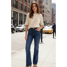 Yüksek Bel Likralı Ispanyol Paça Kot Pantolon