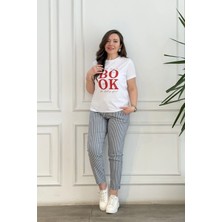 Duble Paça Beli Lastikli Çizgili Pantolon