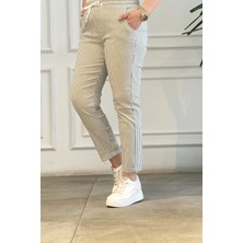 Duble Paça Beli Lastikli Çizgili Pantolon