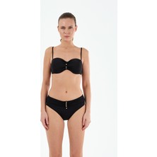 Louren Kadın Siyah/mavi Düz Kumaş  Boncuklu Çıkarılabilir Askılı Sabit Kaplı Balenli Straplez Bikini Takımı