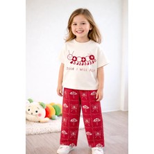 Monila Kız Çocuk Pamuklu Tırtıl Baskılı T-Shirt ve Bordo Baskılı Eşofman Alt Üst Takım