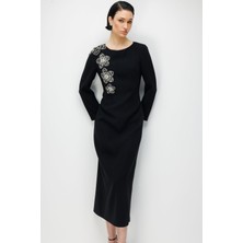Moda İlgi Moda Ilgi Kadın Çiçek Desenli Taş Aksesuarlı Klasik Kalem Elbise 0093 Siyah