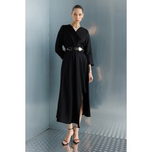 Moda İlgi Moda Ilgi Kadın Beli Kemerli Kruvaze Yaka Eteği Asimetrik Elbise 0024 Siyah