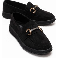 Ccway Kaydırmaz Kadın Tokalı Loafer Ayakkabı Siyah Süet
