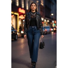 Cep ve Yanları Drop Taş Detaylı Palazzo Kot Pantolon