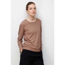 Desen Triko Kadın Sıfır Yaka Verev Çizgili Yanı Düğmeli Uzun Kollu Ince Triko Bluz 26372 Mocha