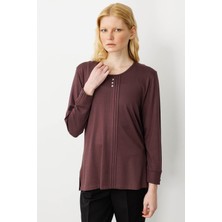 Desen Triko Kadın Sıfır Yaka Uzun Kollu Penye Bluz 25767 Kahverengi