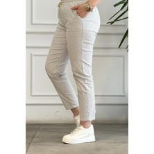 Duble Paça Beli Lastikli Çizgili Pantolon