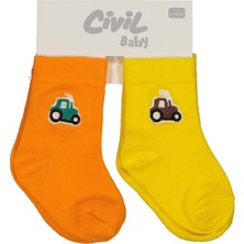 Civil Baby Traktör Aksesuar Nakışlı 2'li 6- Bebek Erkek Çorap Set - Sarı 6 Ay