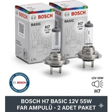 Bosch H7 Basic 12V 55W Far Ampulü 499 – Orijinal Uzun Ömürlü Halojen Ampul – 2 Adet Far Lambası