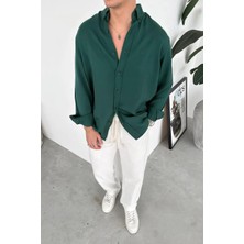 HAFKA Koyu Yeşil Nakışlı Oversize Modal Gömlek