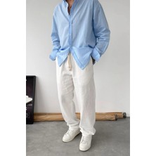 HAFKA Beyaz Nakışlı Baggy Keten Pantolon