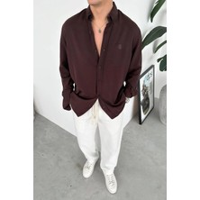 HAFKA Kahverengi Nakışlı Oversize Modal Gömlek