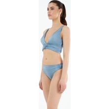 Louren Kadın Mavi Düz Boncuk Aksesuarlı Çıkarılabilir Ince Kaplı Üçgen Bikini Takımı